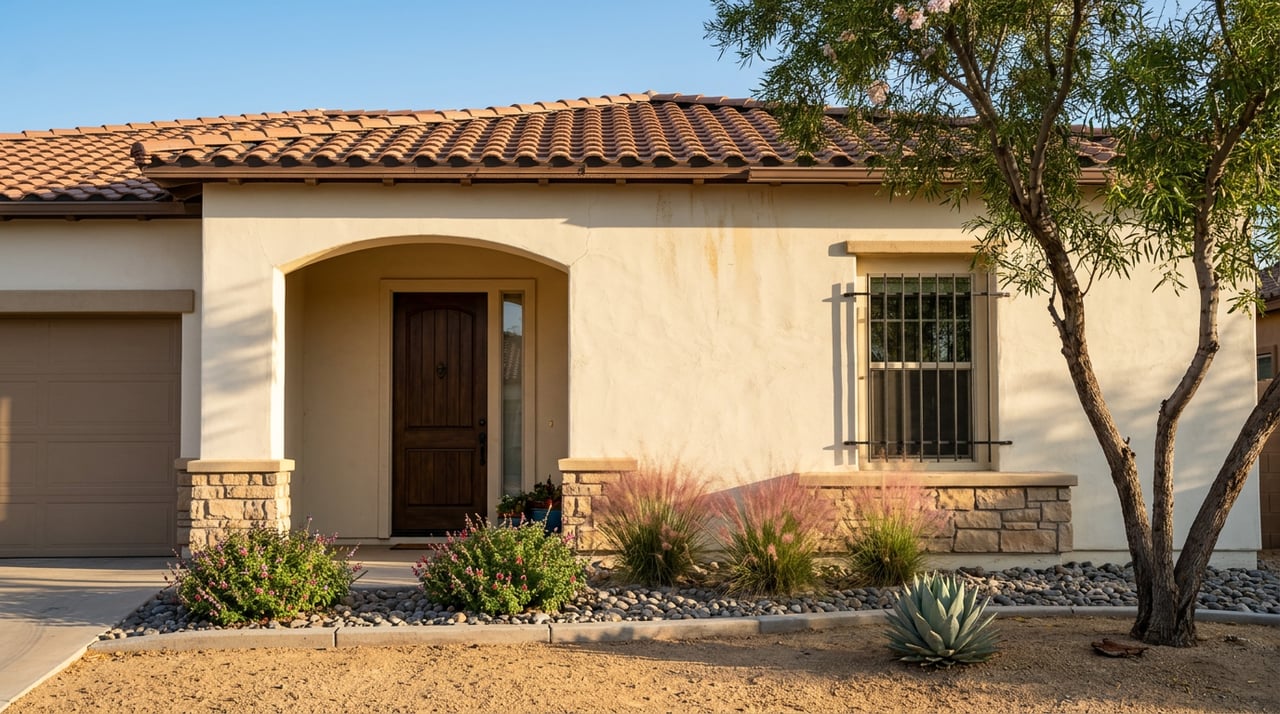 Cream stucco home with arched wooden entry, terracotta roof, and pink-blooming desert grasses.