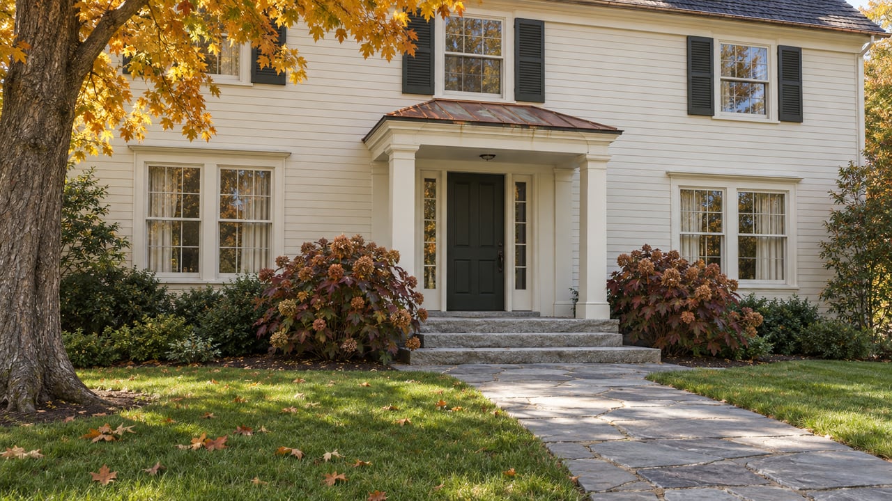 Ivory clapboard house with divided-light windows, a copper-roofed entry portico and granite steps beside autumn planting.
