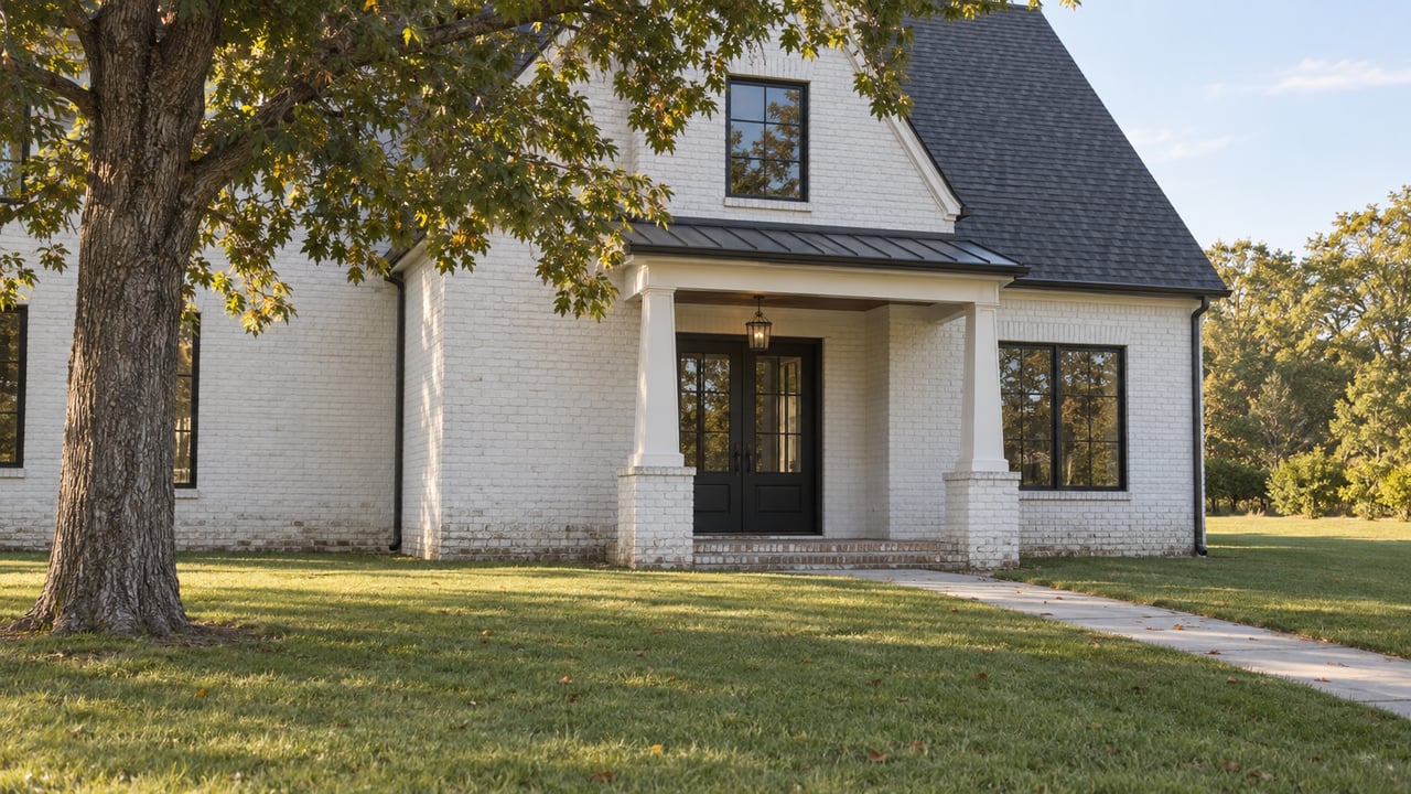 White-brick house entry with dark double doors, charcoal-shingle gable, broad lawn, and mature oak tree.