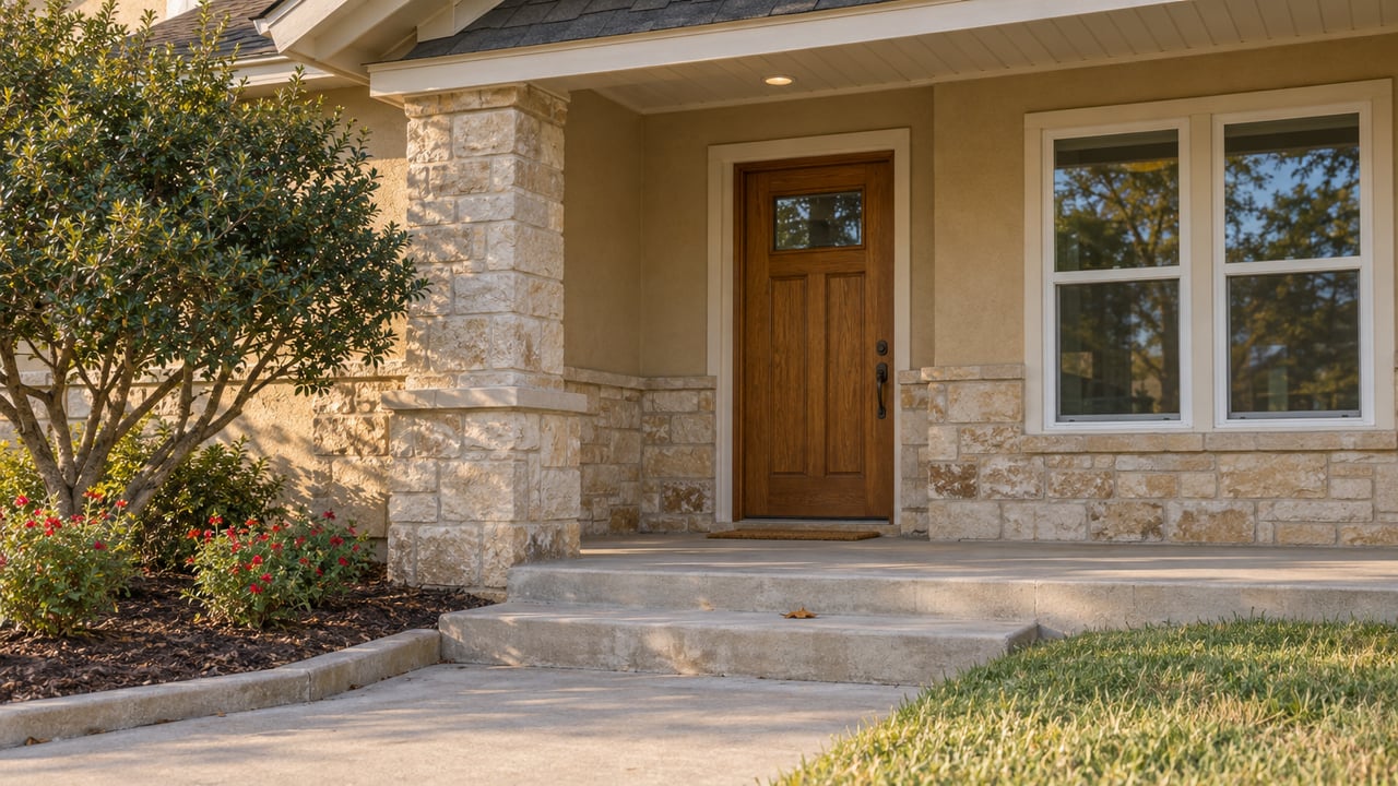 Sunlit limestone and stucco home entrance with a wooden front door, paired windows, concrete steps and a small planted bed.