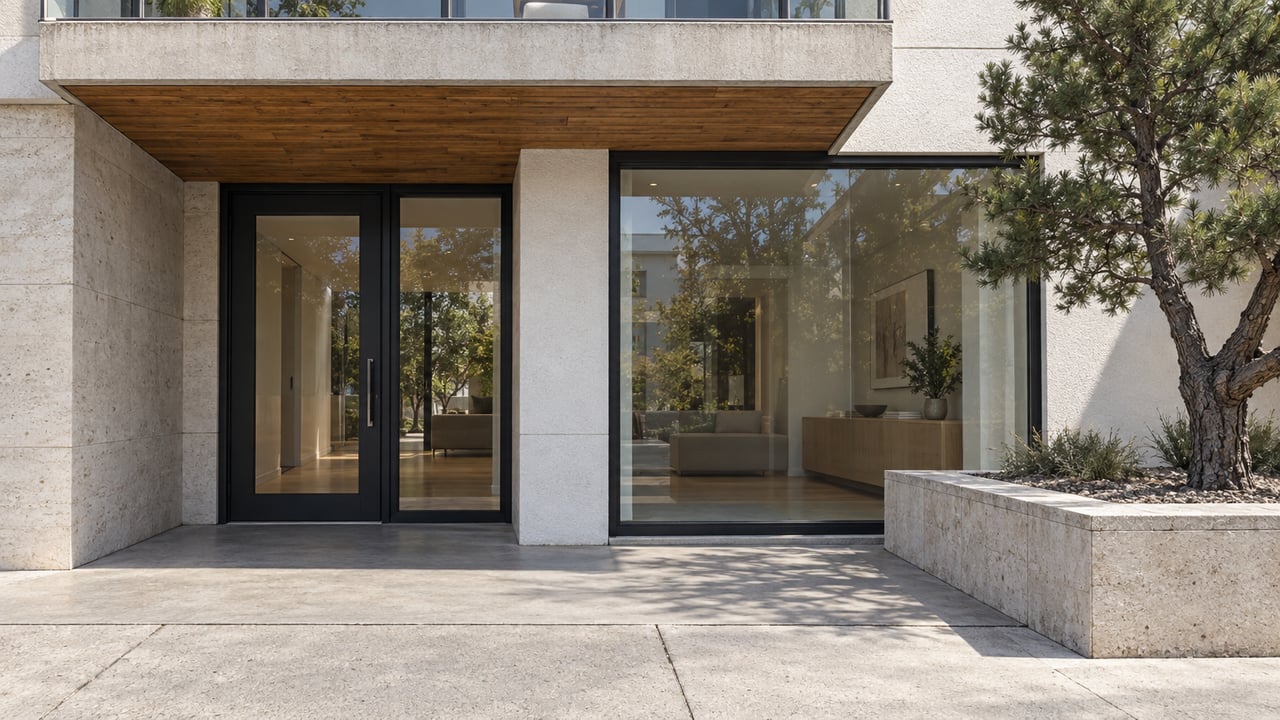 Close view of a contemporary condominium entrance with black-framed glass, limestone, warm wood soffit and a sculptural pinyon pine in a raised stone planter.