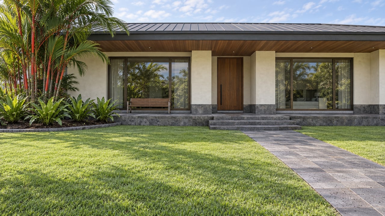 Low contemporary home with a timber-lined overhang, broad glazed windows, pale stone entry steps and a deep green lawn beside a scarlet-stemmed palm.