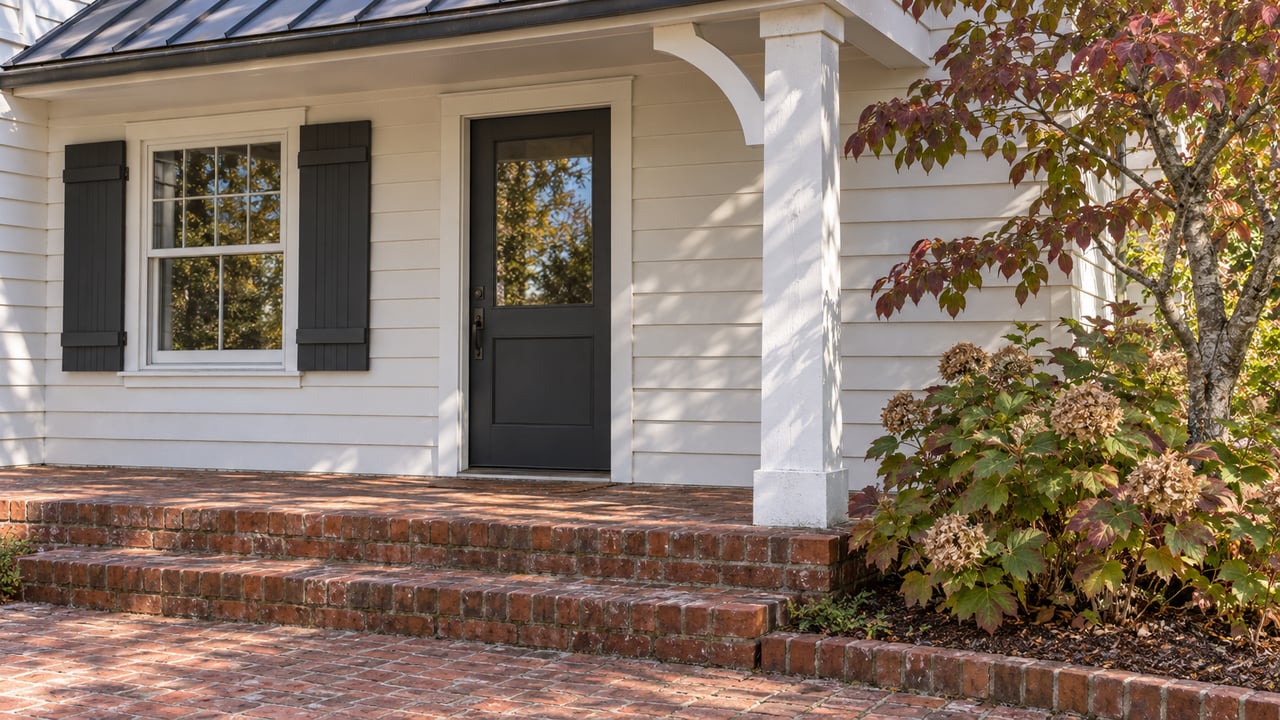 White cottage porch with charcoal roof, glazed front door, paired window shutters and weathered brick steps beside autumn dogwood and oakleaf hydrangeas.