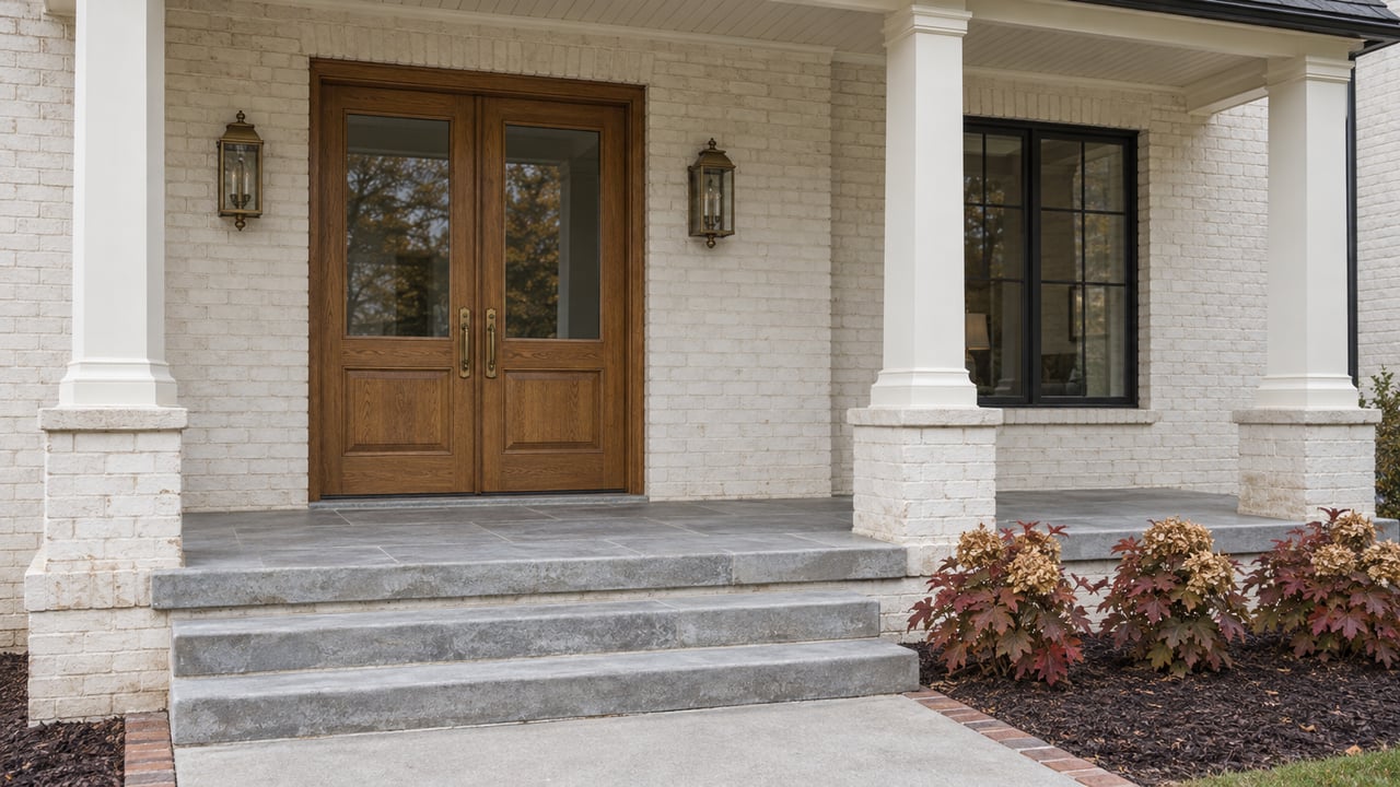 Covered painted-brick entry with paired oak doors, limestone steps and autumn oakleaf hydrangeas.