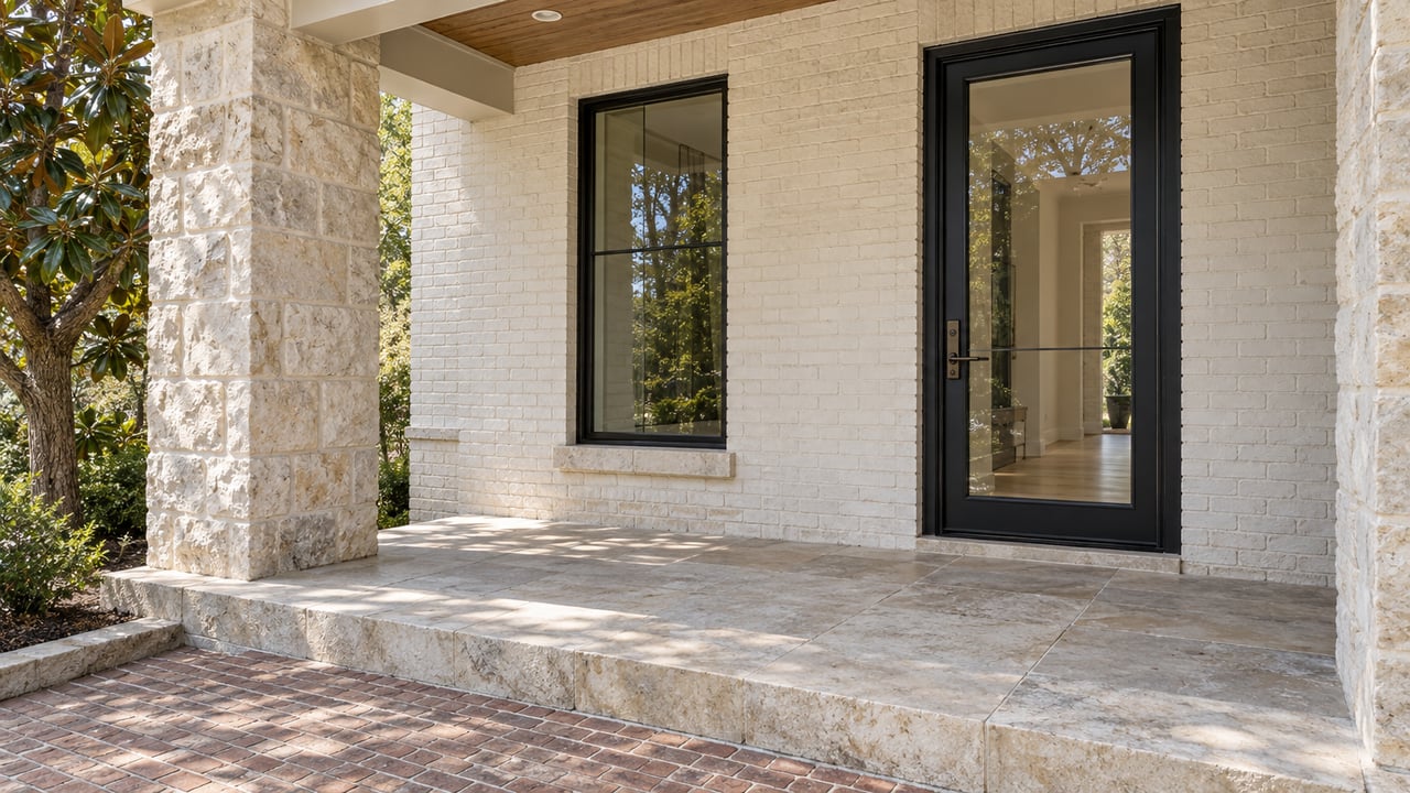Covered entry with limestone pier, pale painted brick, black-framed glass door and worn stone porch above a brick landing.