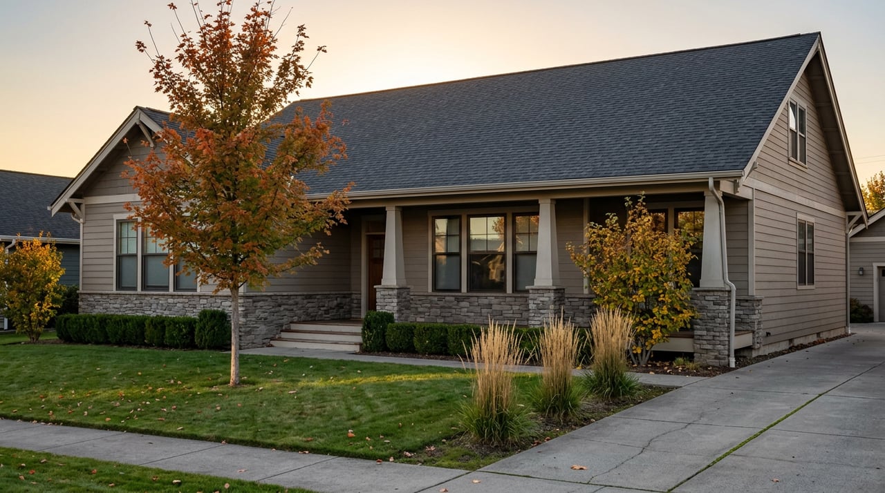 Two-story taupe-gray home with a stone porch, orange-red maple, broad lawn, and driveway at sunset.