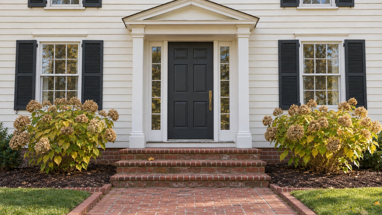 Ivory clapboard home with charcoal shutters and a centered dark front door, framed by dried hydrangea flowers and weathered brick steps.