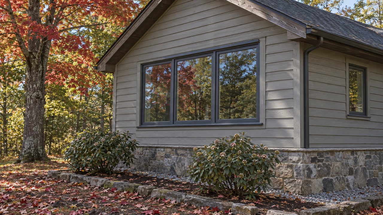 Close exterior view of a gray timber-sided home with closed windows, a sandstone foundation and a red maple canopy.