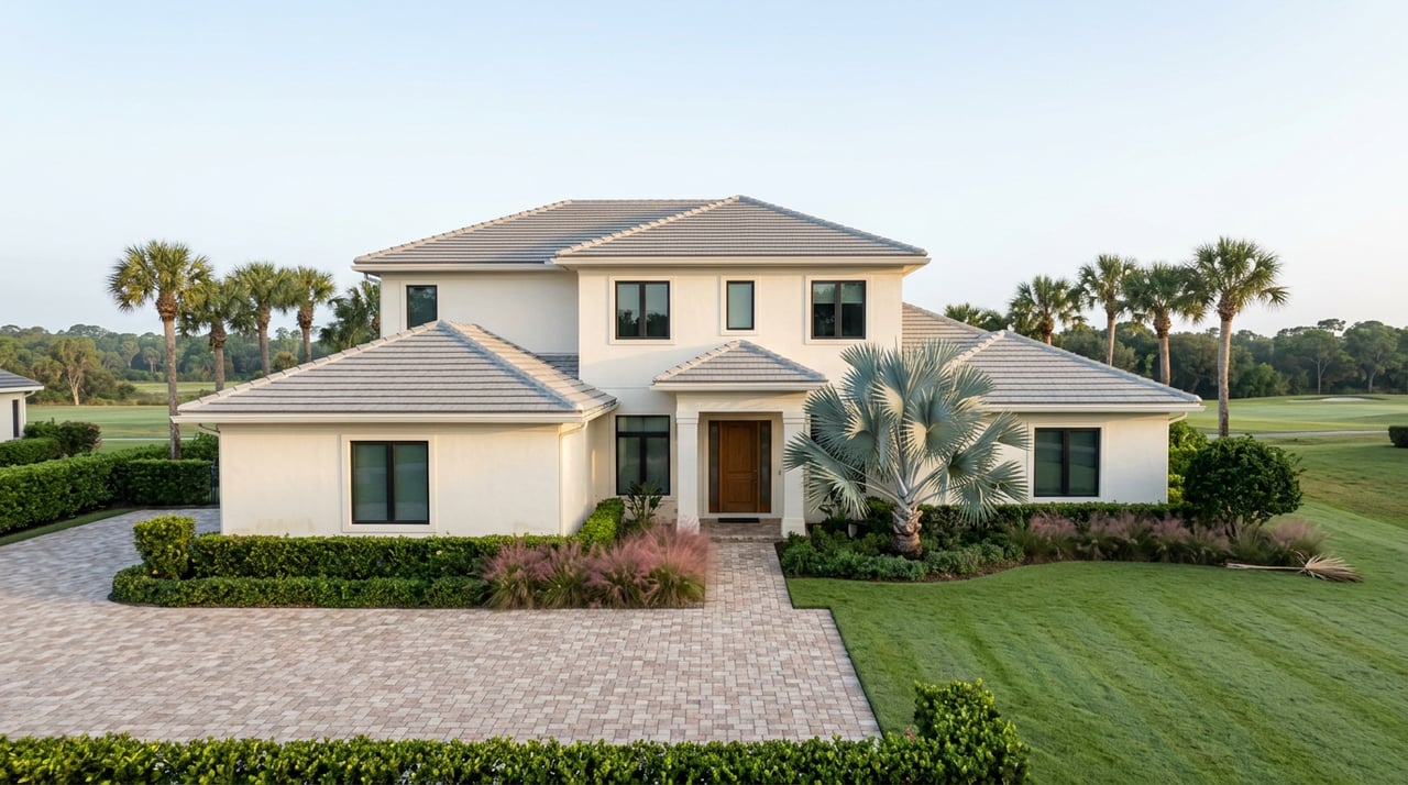 Two-story stucco estate with a tiled roof, coral-stone motor court, and silver-blue palm beside the entry.