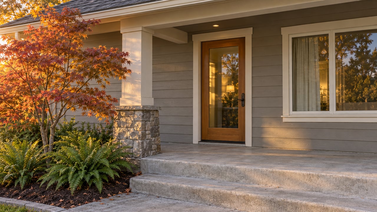 Evening light on a covered home entry with gray wood siding, a fir door, stone column base and autumn vine maple.