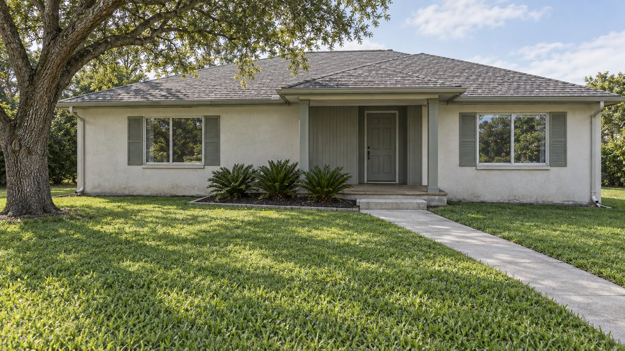 Single-story stucco home with a gray-green entry, weathered timber porch and broad lawn beneath a mature live oak.