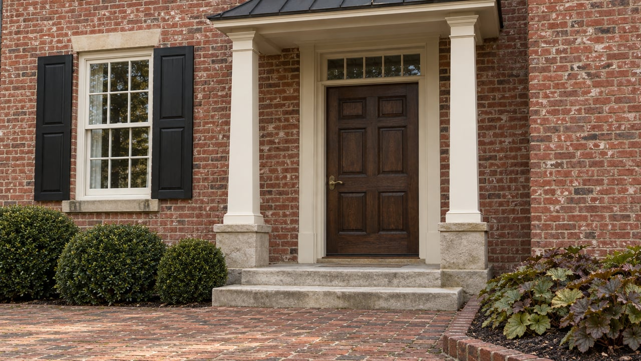 Brick home entry with an ivory columned portico, dark oak door, limestone steps and a brick garden walk.