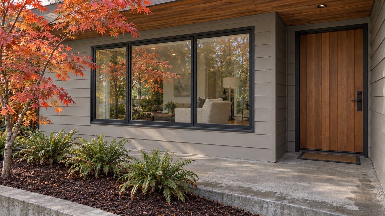 Covered cedar entry beside a broad living-room window, with a damp concrete landing and an autumn maple above a planted fern bed.