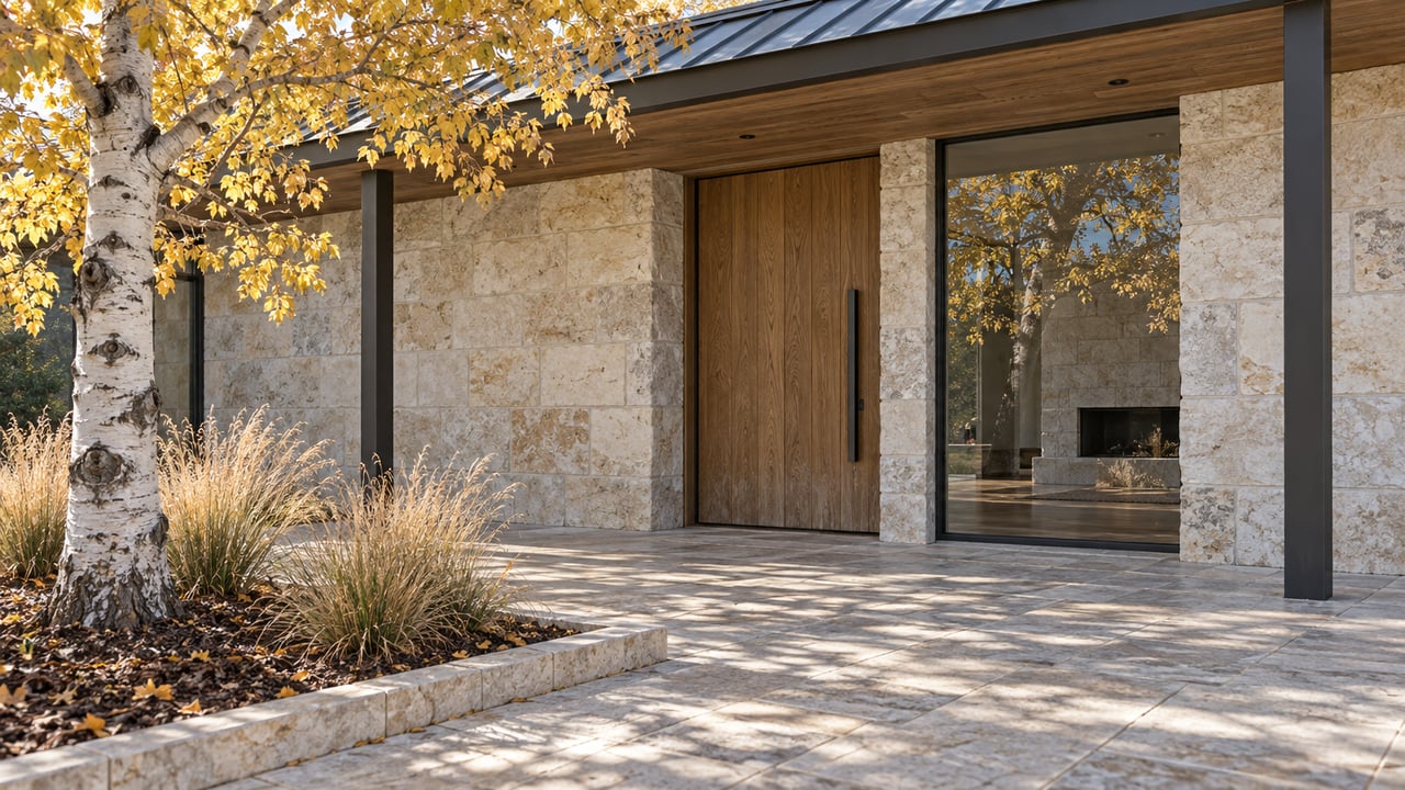Autumn light on a limestone estate entry with an oak door, sealed glazing and a golden-leaved aspen beside the stone terrace.