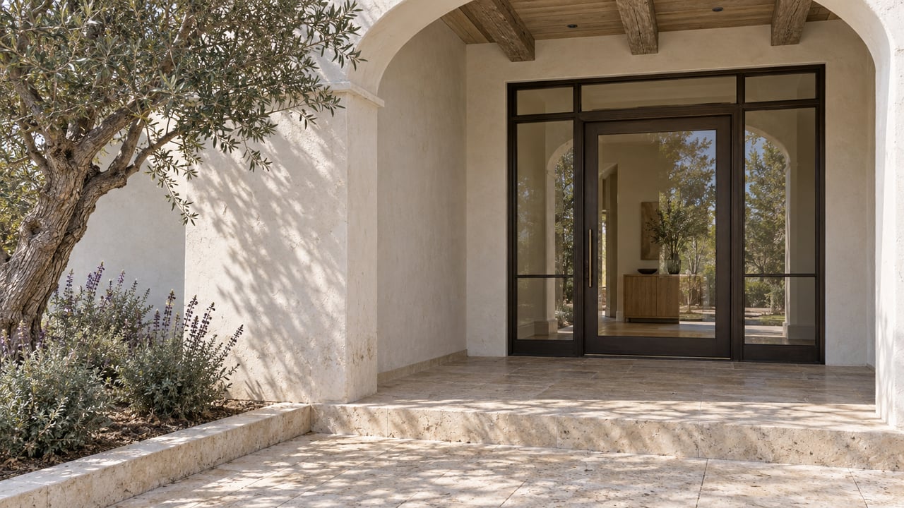 A sheltered white plaster entry with bronze-framed glazing, limestone steps, exposed oak beams, and a mature olive tree.
