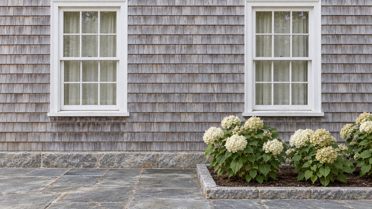 Paired white timber windows in weathered cedar shingles above a blue-gray stone terrace and ivory hydrangeas.