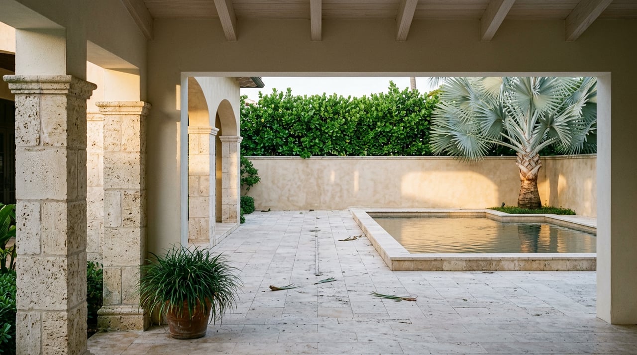 Stone loggia opens onto a travertine terrace and reflecting pool, with a clipped hedge and silver-blue palm.