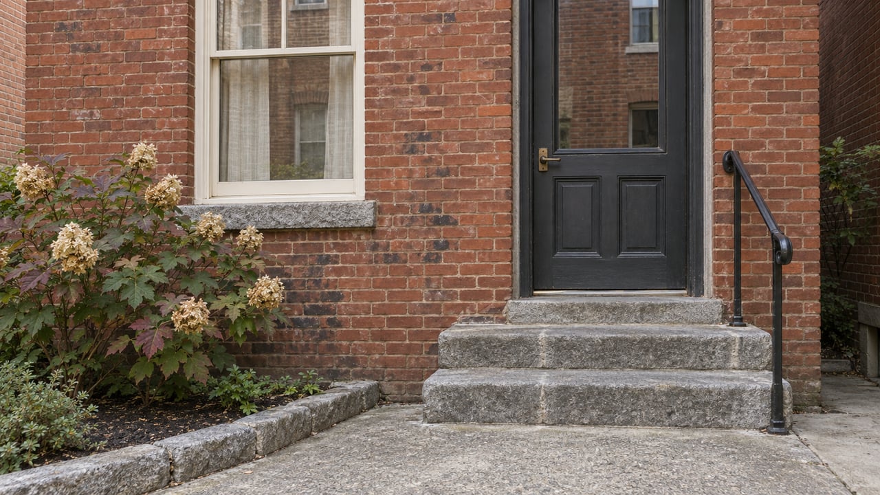 Weathered red-brick residential entry with a charcoal timber door, granite steps, and oakleaf hydrangea beside a cream-framed window.