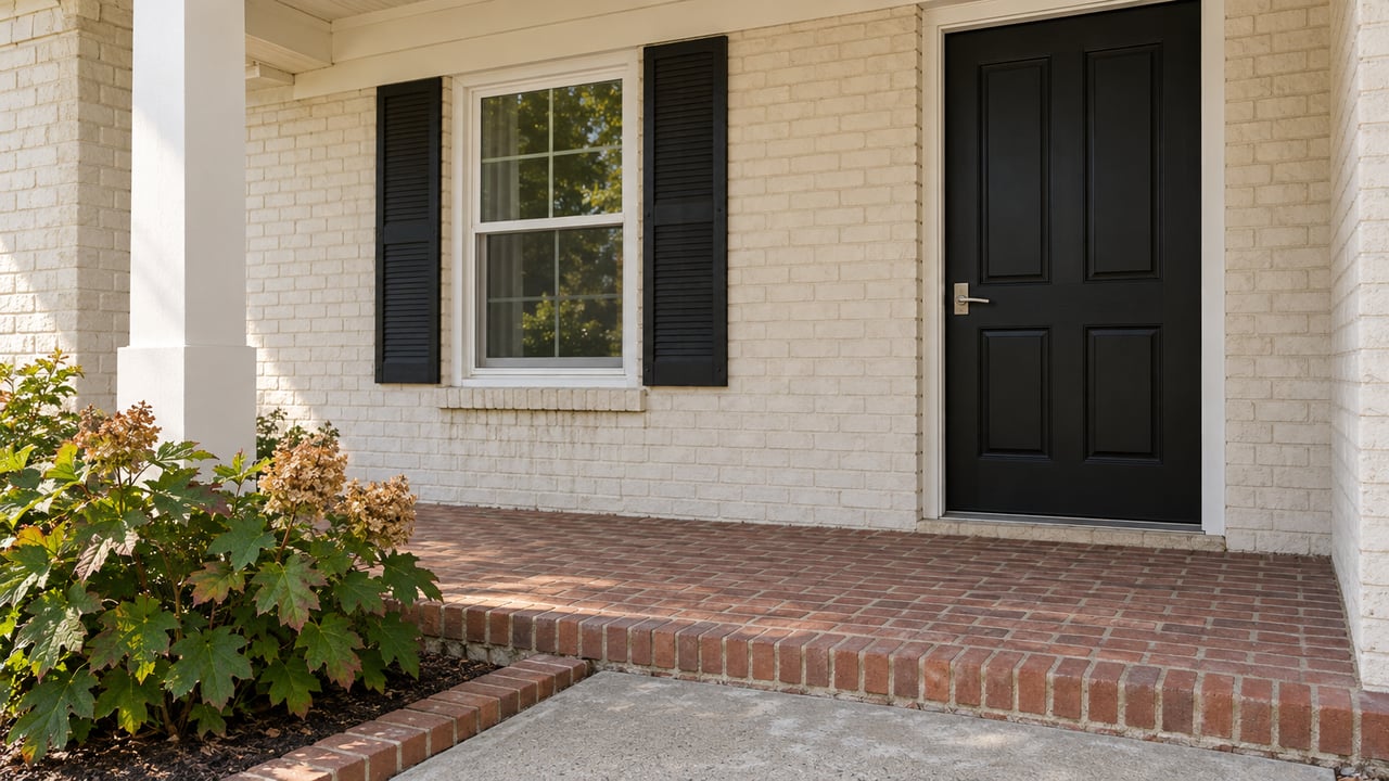 Cream-brick home entry with a black door, shuttered window, red brick porch and oakleaf hydrangea.