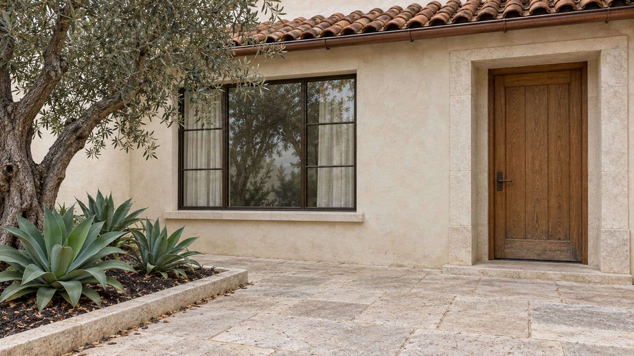 Ivory stucco home with a recessed oak entrance, bronze-framed window, limestone courtyard, and a sculptural olive tree.