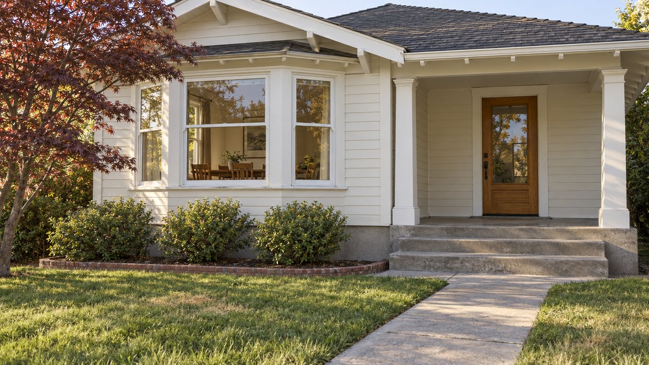 Ivory wood-sided bungalow with a covered porch, oak front door, bay windows and a small lawn in afternoon light.