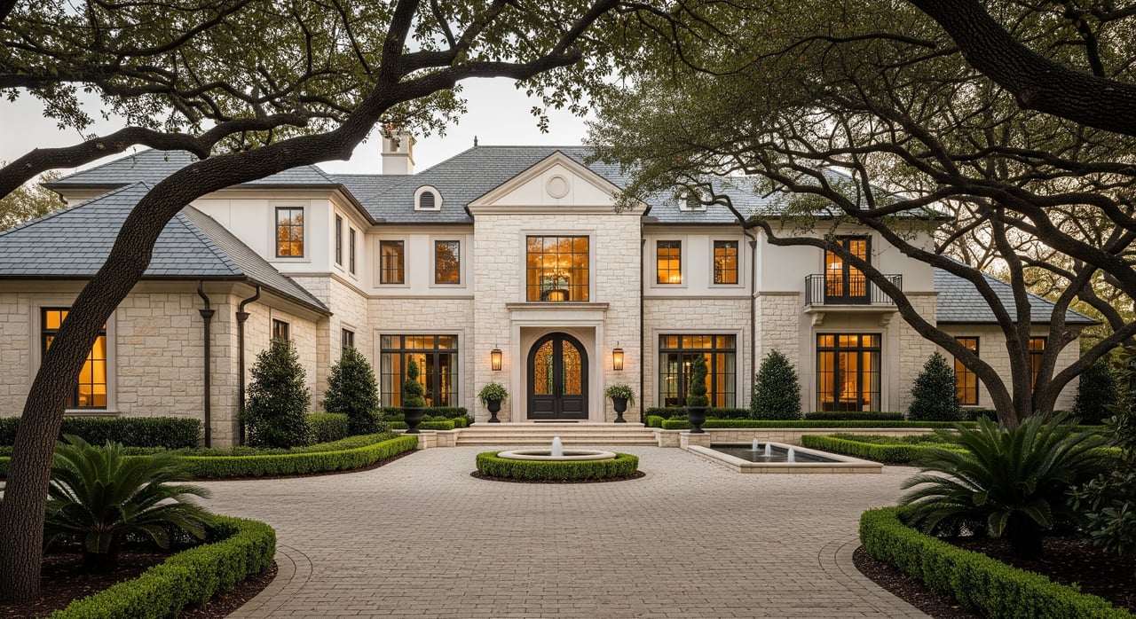 Large stone mansion framed by sprawling oak branches, with a central fountain and formal gardens.