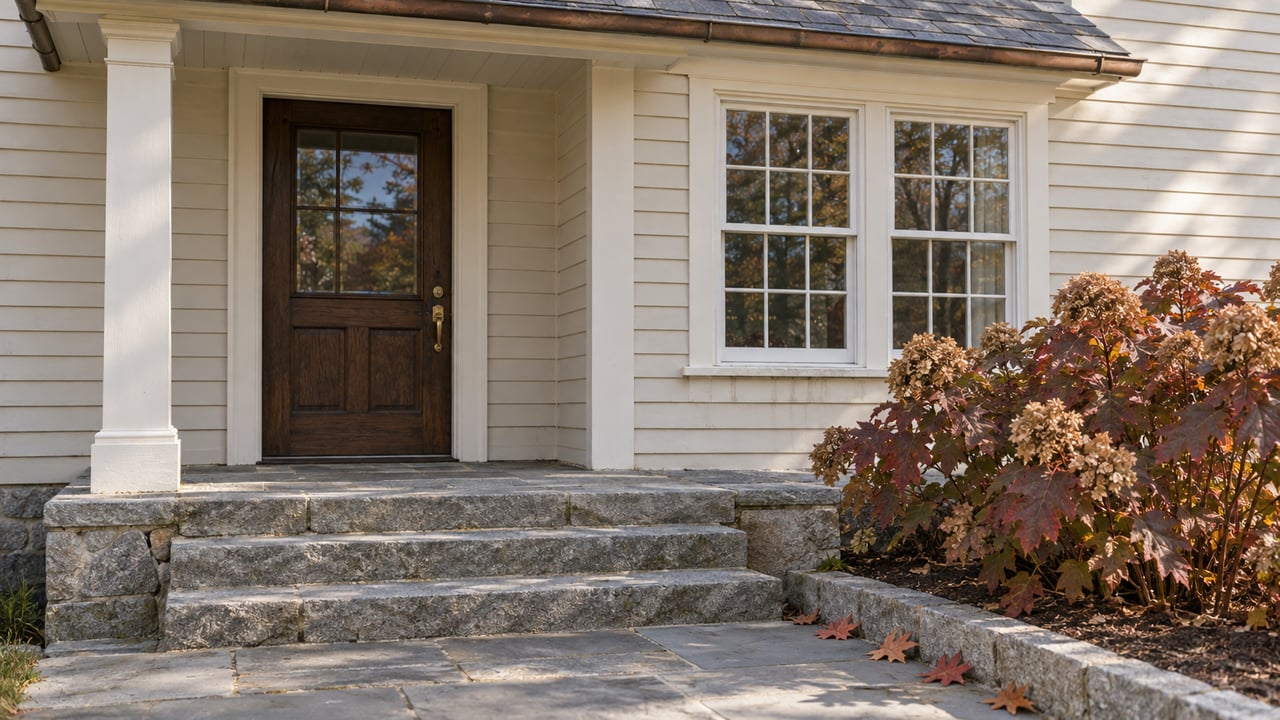 Ivory clapboard home with a dark oak entry door, weathered granite steps, and burgundy oakleaf hydrangea beside a bluestone approach.