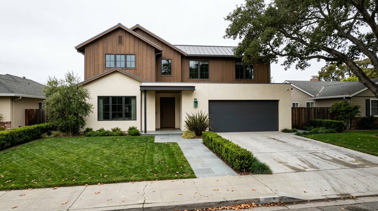 Two-story cream stucco house with a walnut-sided gable, attached garage, deep lawn, clipped hedge, and broad oak canopy.