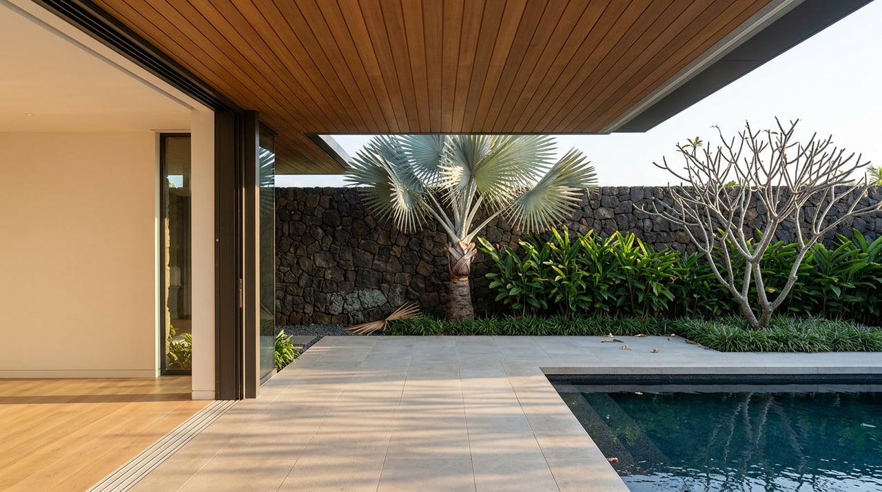 Covered lanai opening to a dark pool terrace, with a silver-blue fan palm against a basalt wall.