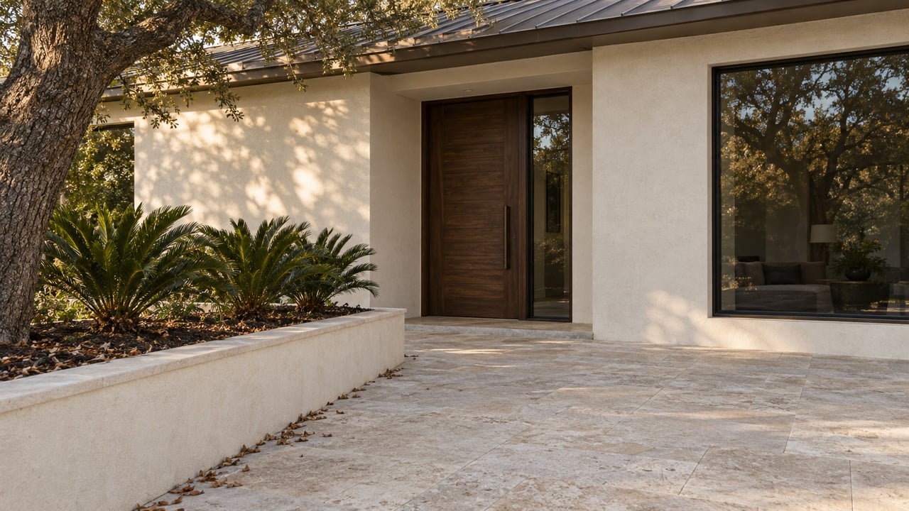 Ivory stucco home entrance with a walnut door, limestone approach, and oak canopy.