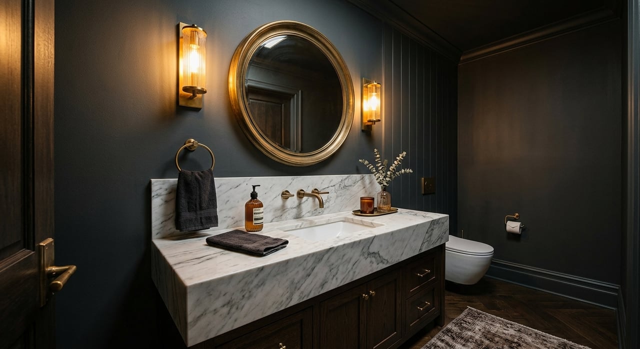 Modern powder room with dark charcoal paneled walls, a round mirror, brass sconces, and a marble vanity.