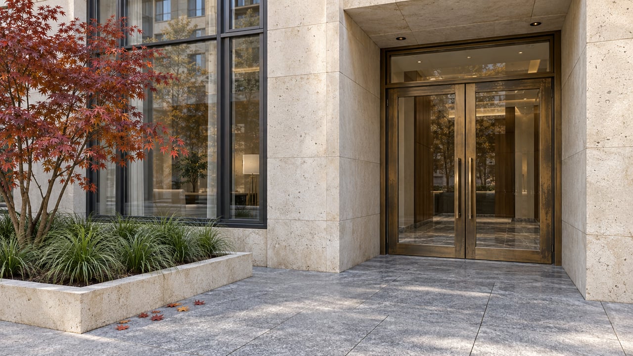 Sunlit limestone condominium entrance with bronze-framed glass doors, a warm enclosed vestibule and a copper-red maple in a raised stone planter.