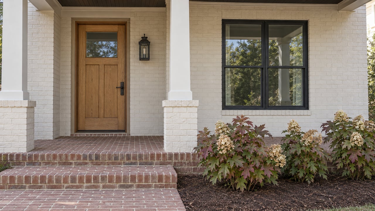 Covered entry of an ivory-painted brick home with an oak door, black-framed window, brick steps and oakleaf hydrangeas.