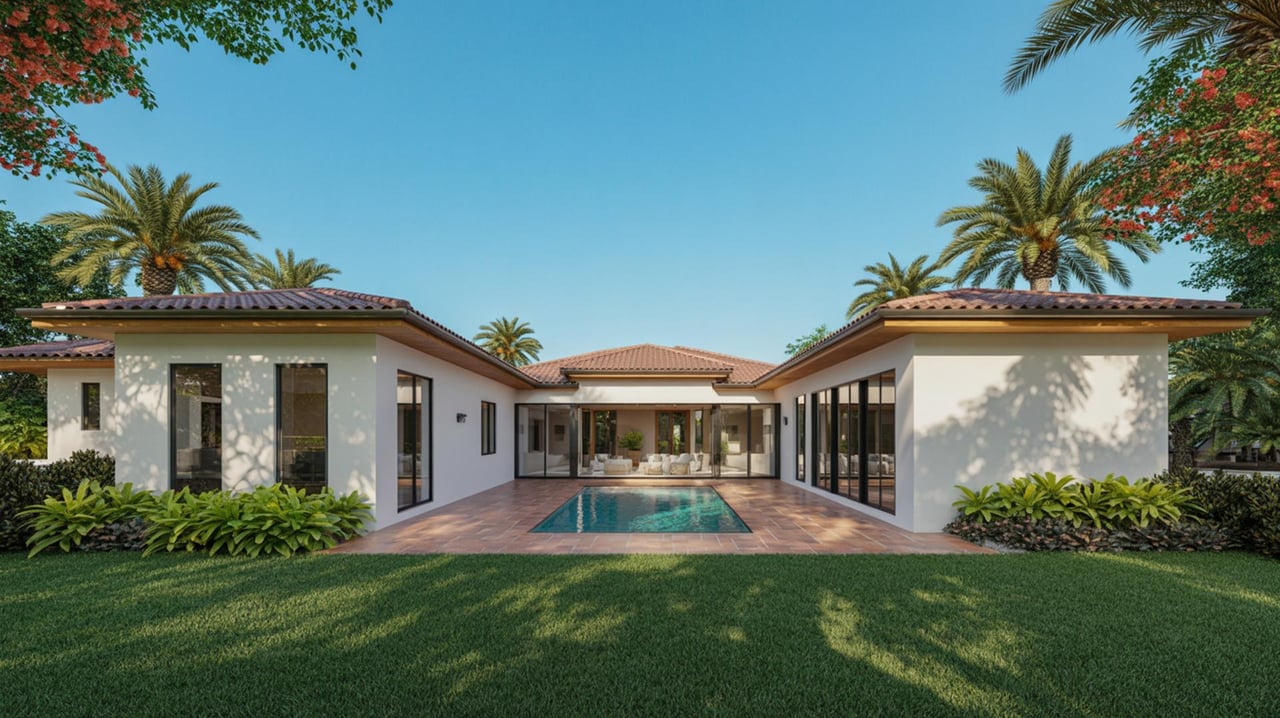 Modern single-story home with a central pool, broad glass doors, and palm trees behind it.