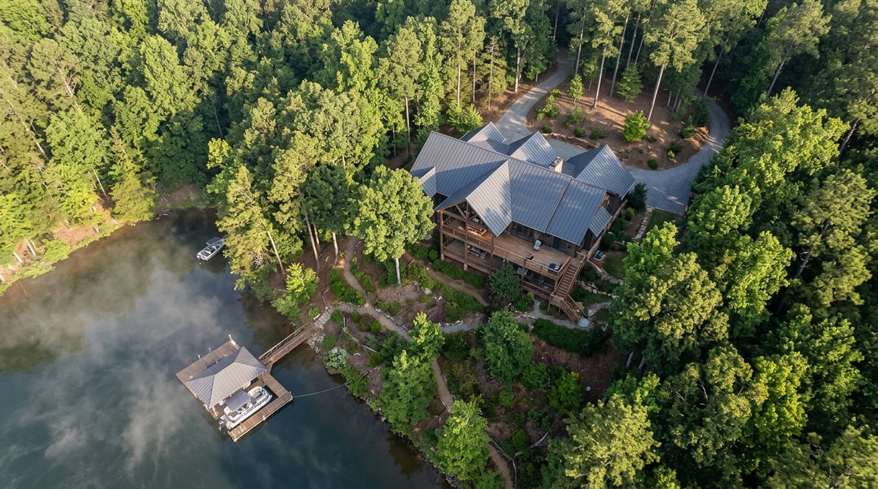 Overhead view of a forested lake homesite, with a metal-roofed house, covered deck, wooded slope, and cove dock with boat lift.