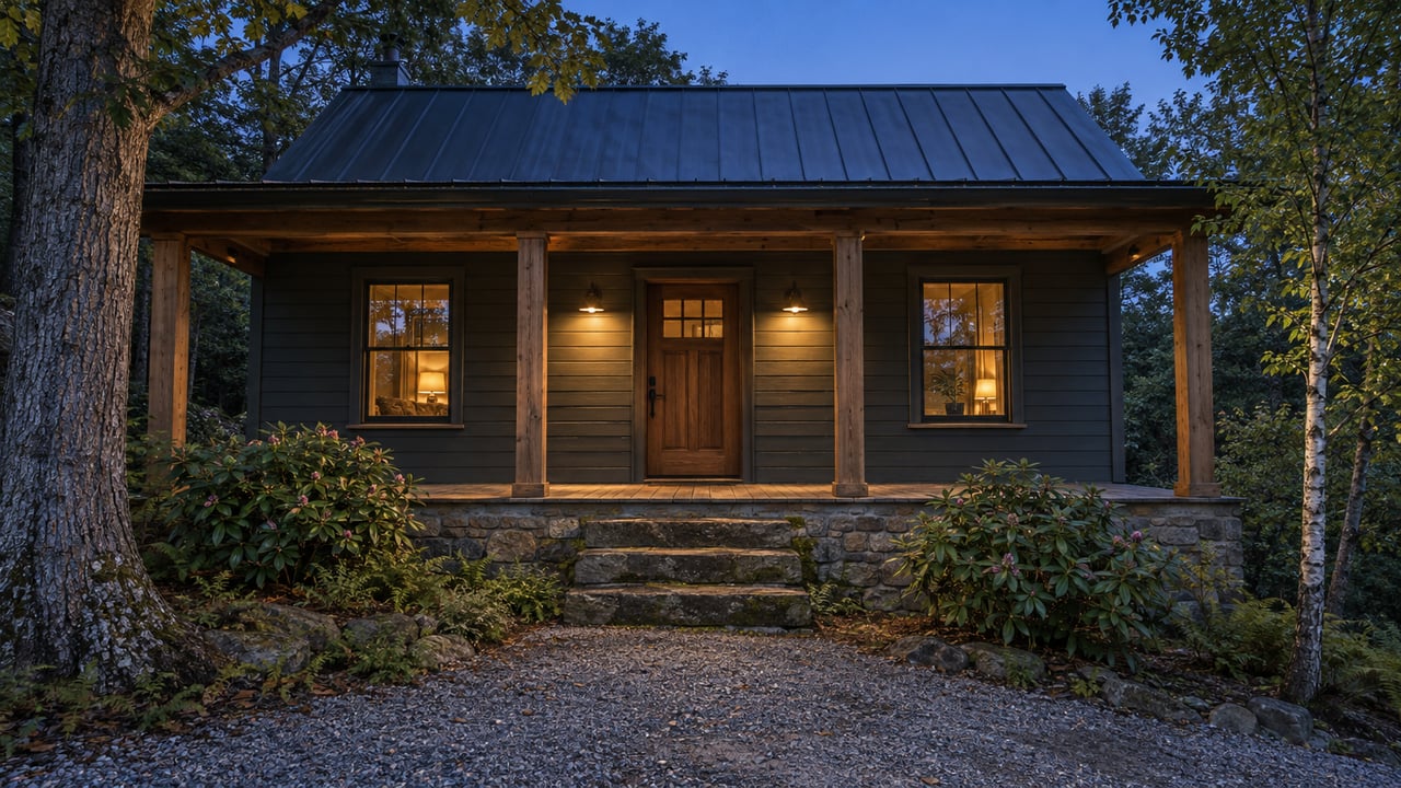Wood-sided cottage with a covered porch, warm windowlight, stone steps, and trees at twilight.