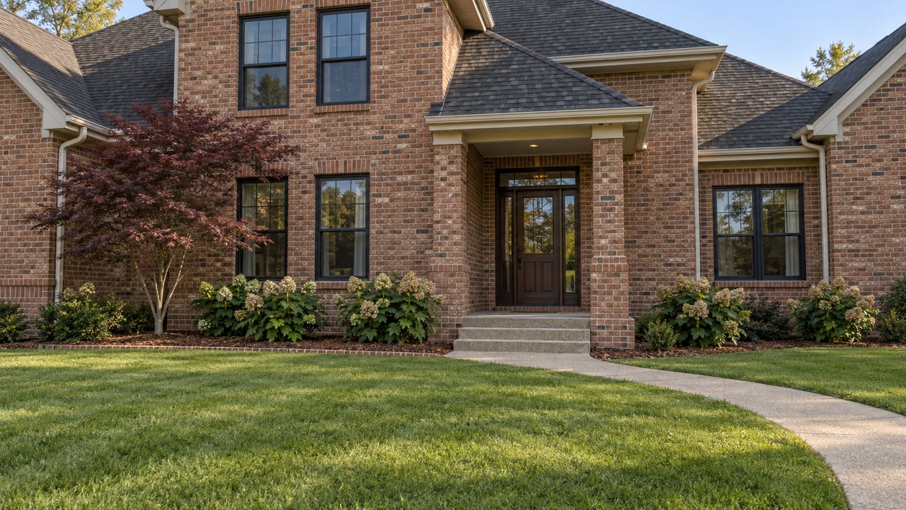 Red-brown brick home with gabled roofs, paired windows, a recessed porch and a deep lawn beside a burgundy Japanese maple.