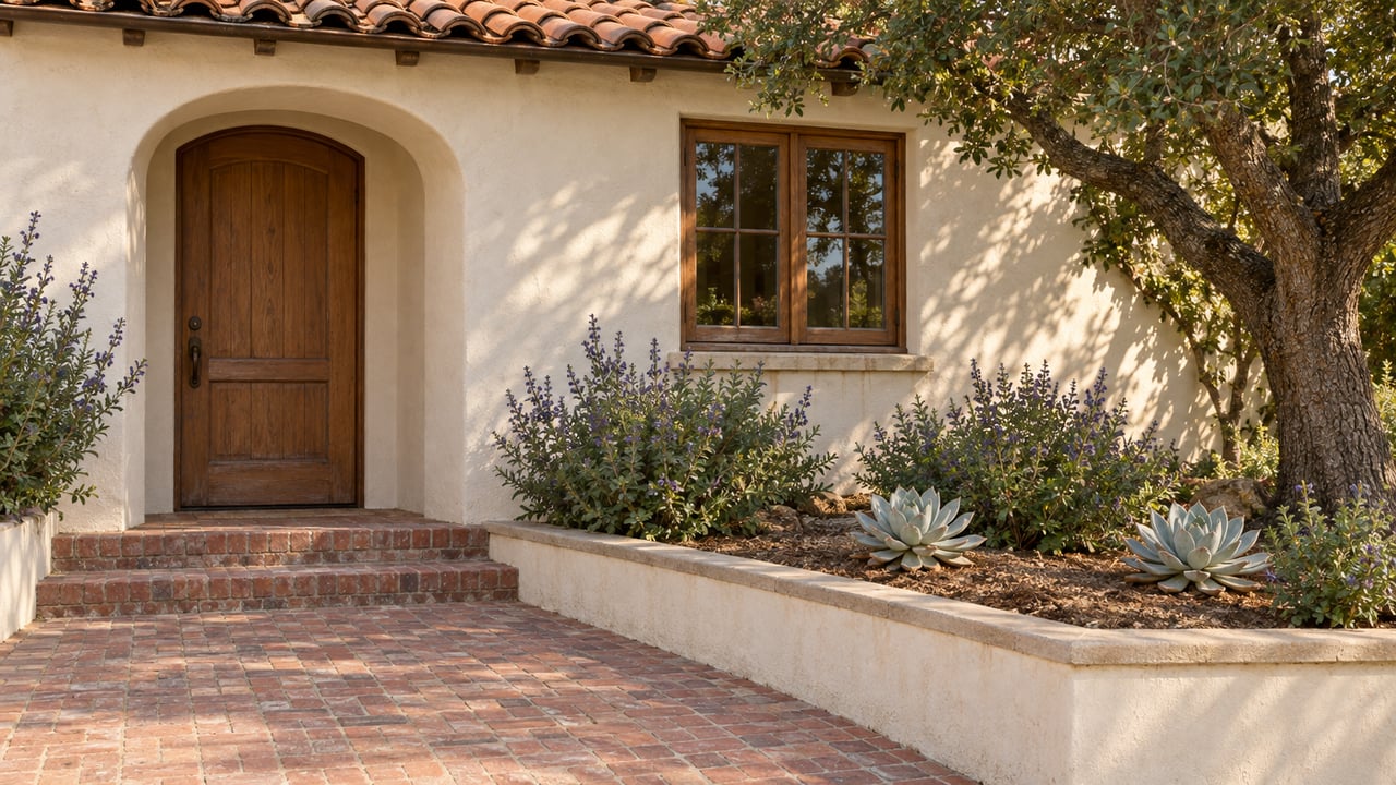 Cream stucco home with an arched oak entrance, terracotta roof tiles, brick steps and a raised garden shaded by an oak.
