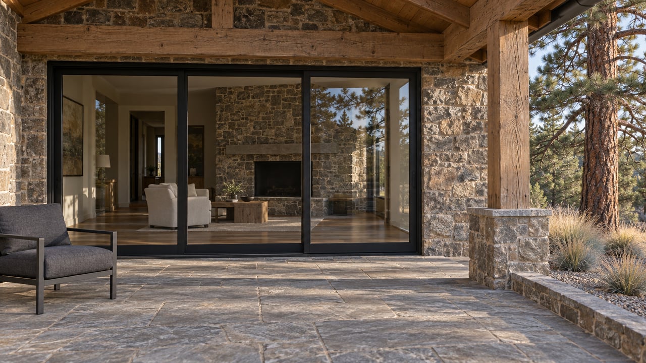 Timber-covered stone terrace beside a custom home's black-framed glass doors, with a ponderosa pine and tawny grasses at the raised terrace edge.
