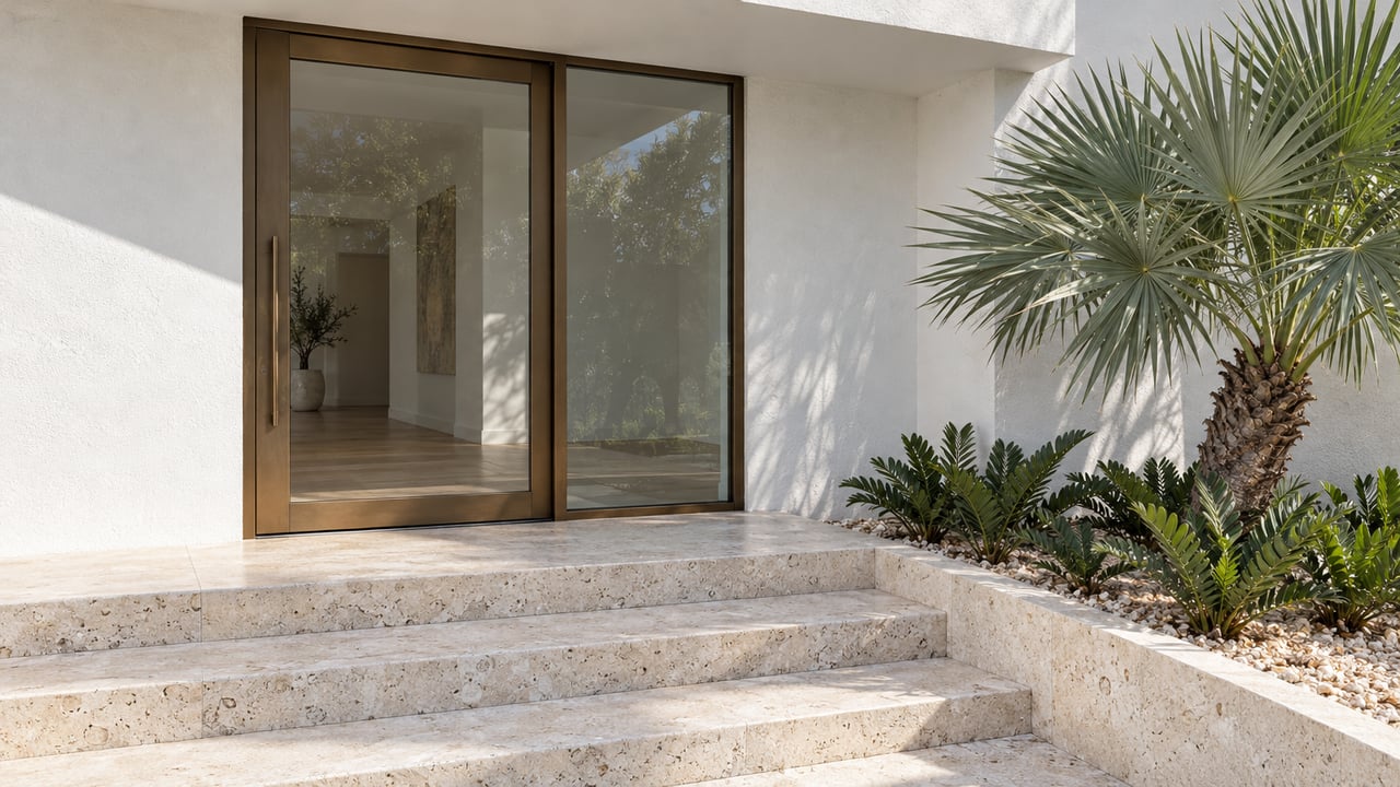 White coastal home entrance with bronze-framed glazing, shell-limestone steps and a sculptural silver-green palm.