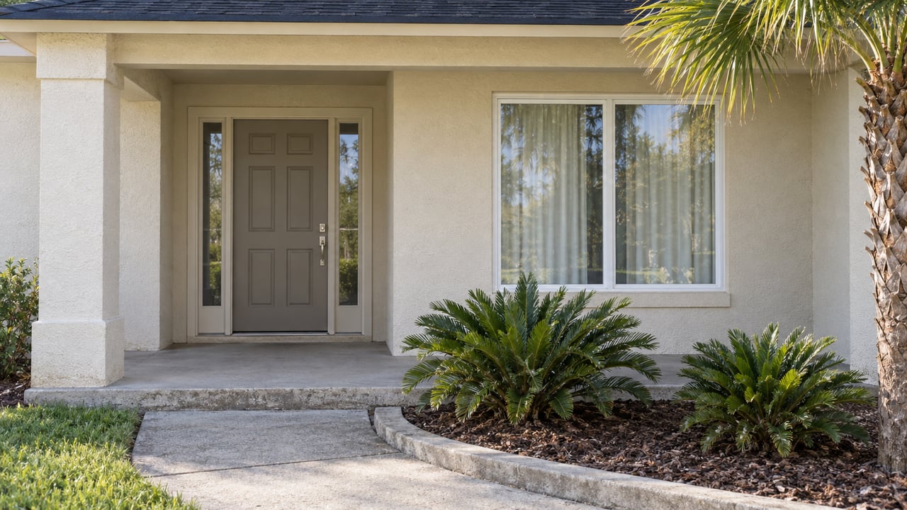 Ivory stucco home's recessed entry and front window beside a curved planting bed in soft morning light.