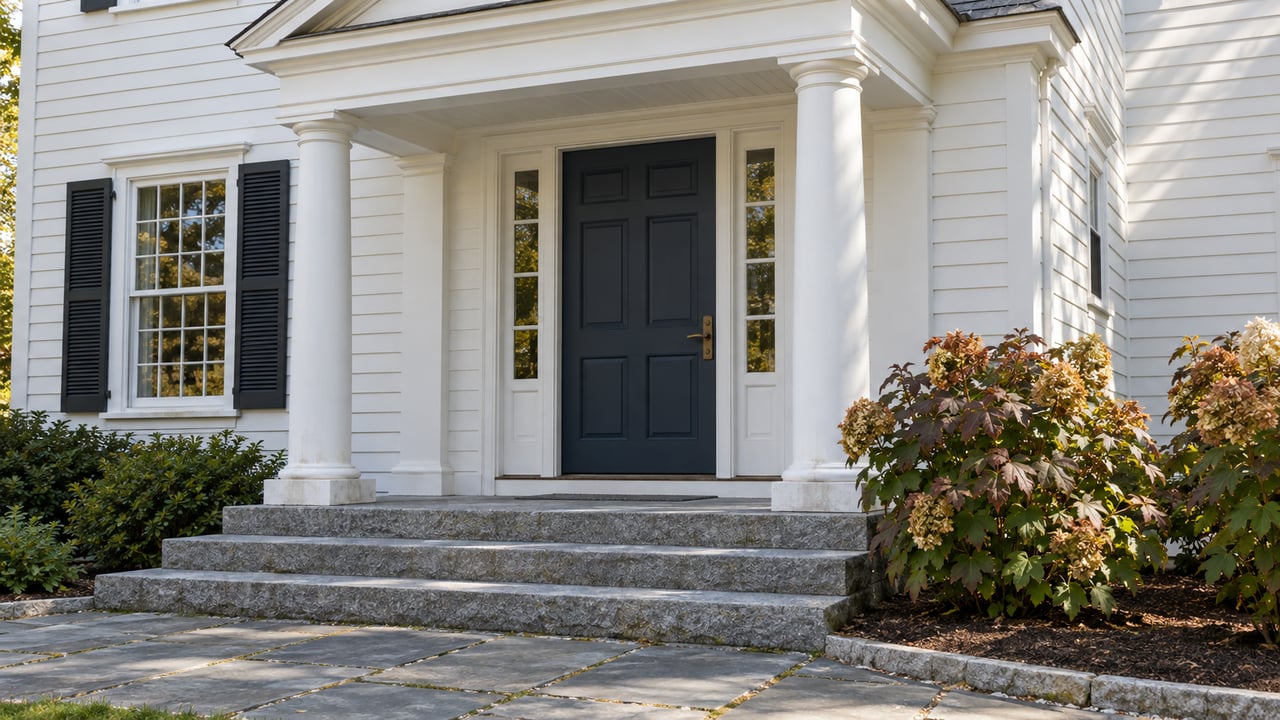 White clapboard entry with paired columns, a slate-blue door, granite steps, slate paving, and oakleaf hydrangeas.