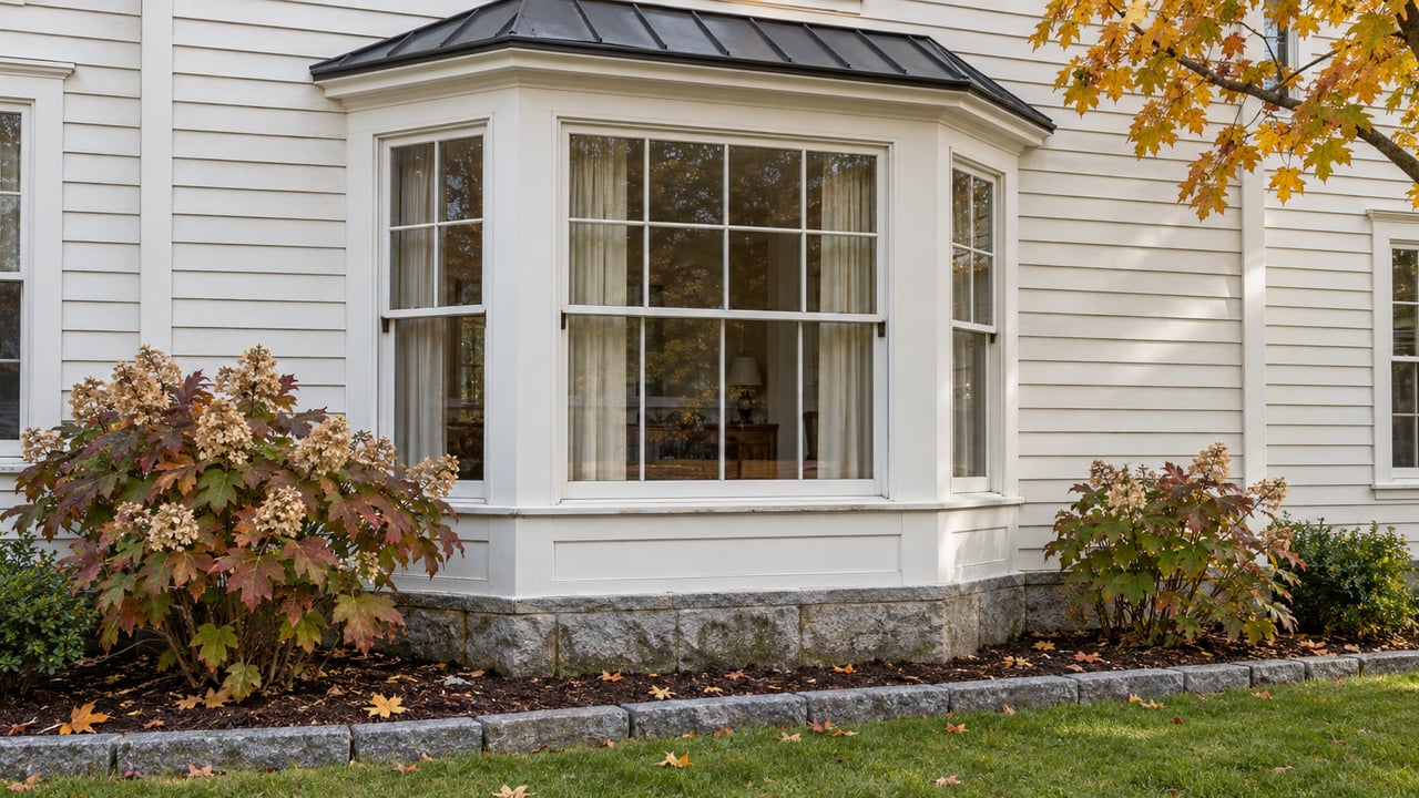 White clapboard home with a three-sided bay window above granite foundation, oakleaf hydrangeas, and autumn sugar-maple leaves.