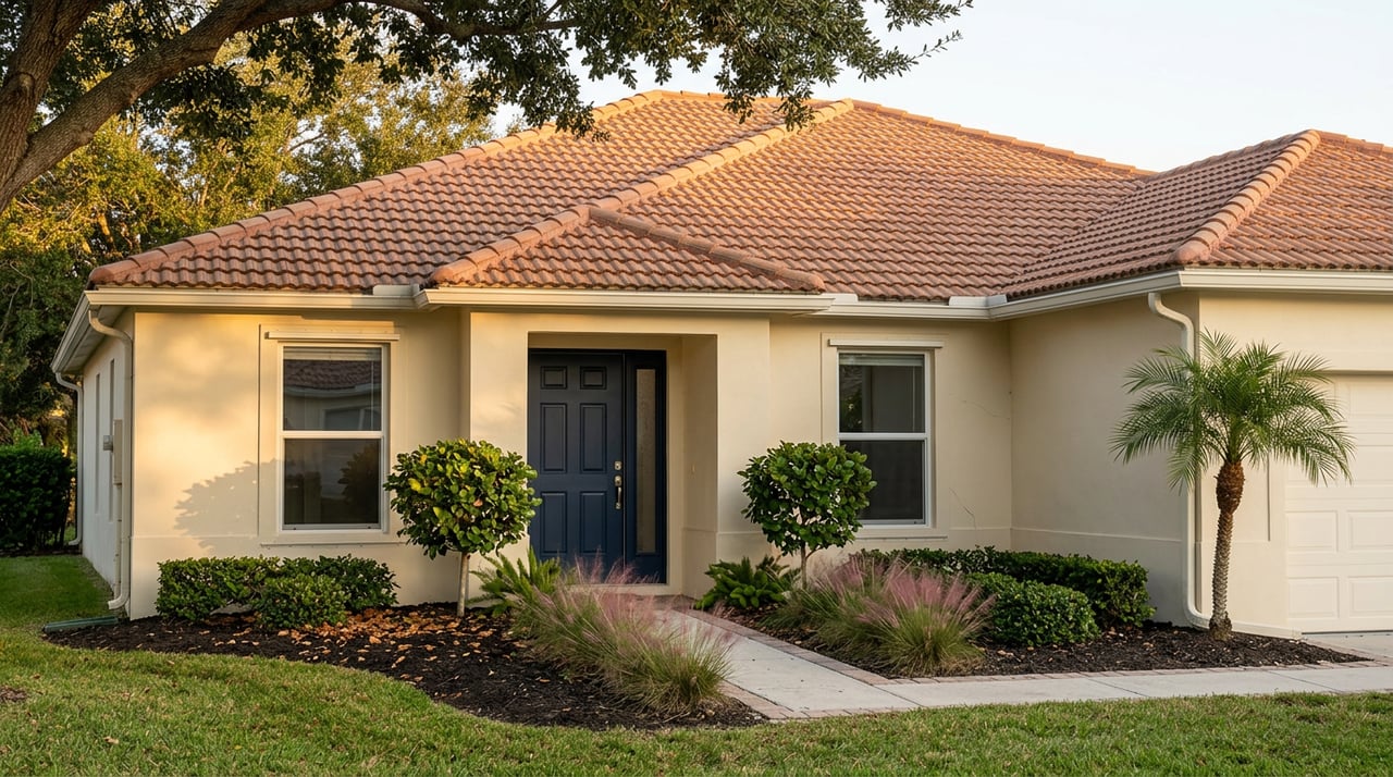 Cream stucco home with terracotta tile roof, navy entry door, impact-style windows, and landscaped front lawn.