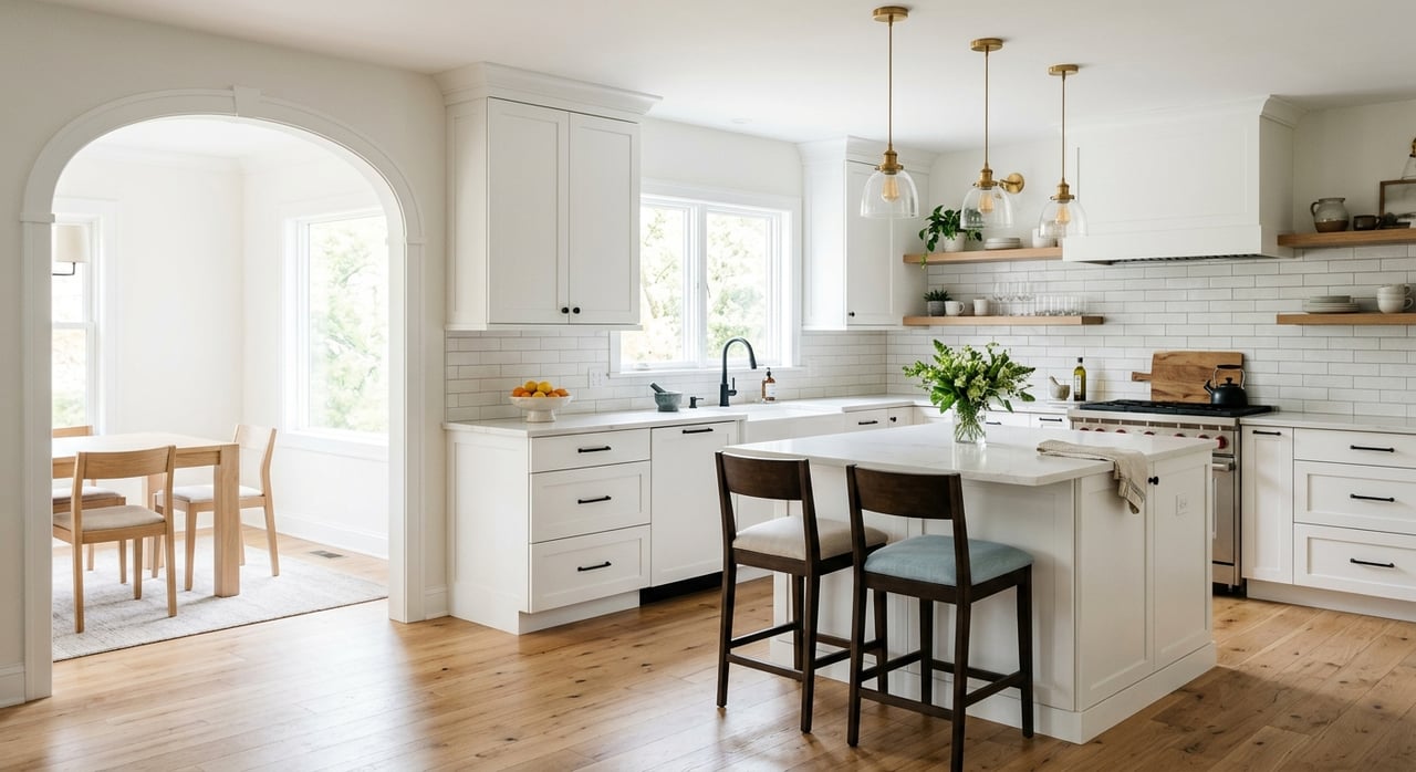 White kitchen with a quartz island, black faucet, arched opening, and greenery visible through the rear window.