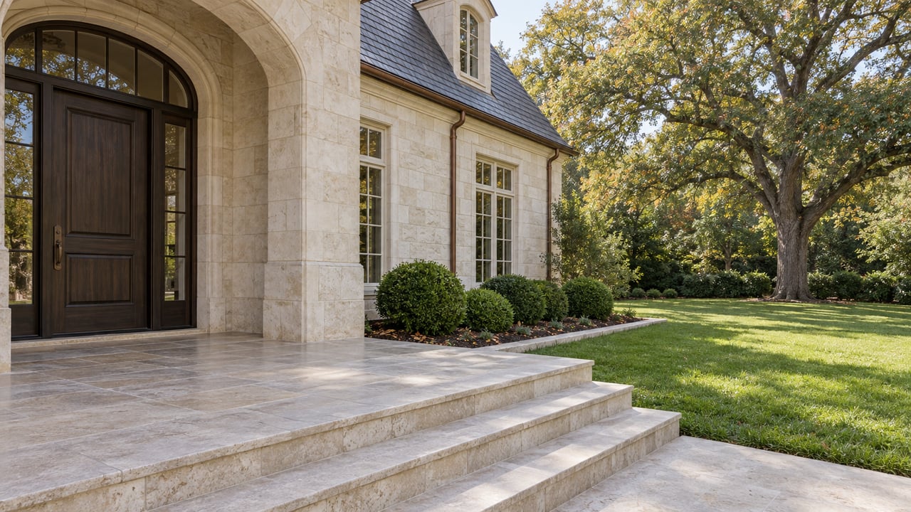 Limestone entry terrace with an arched oak doorway, broad stone steps and a deep lawn shaded by a mature live oak.