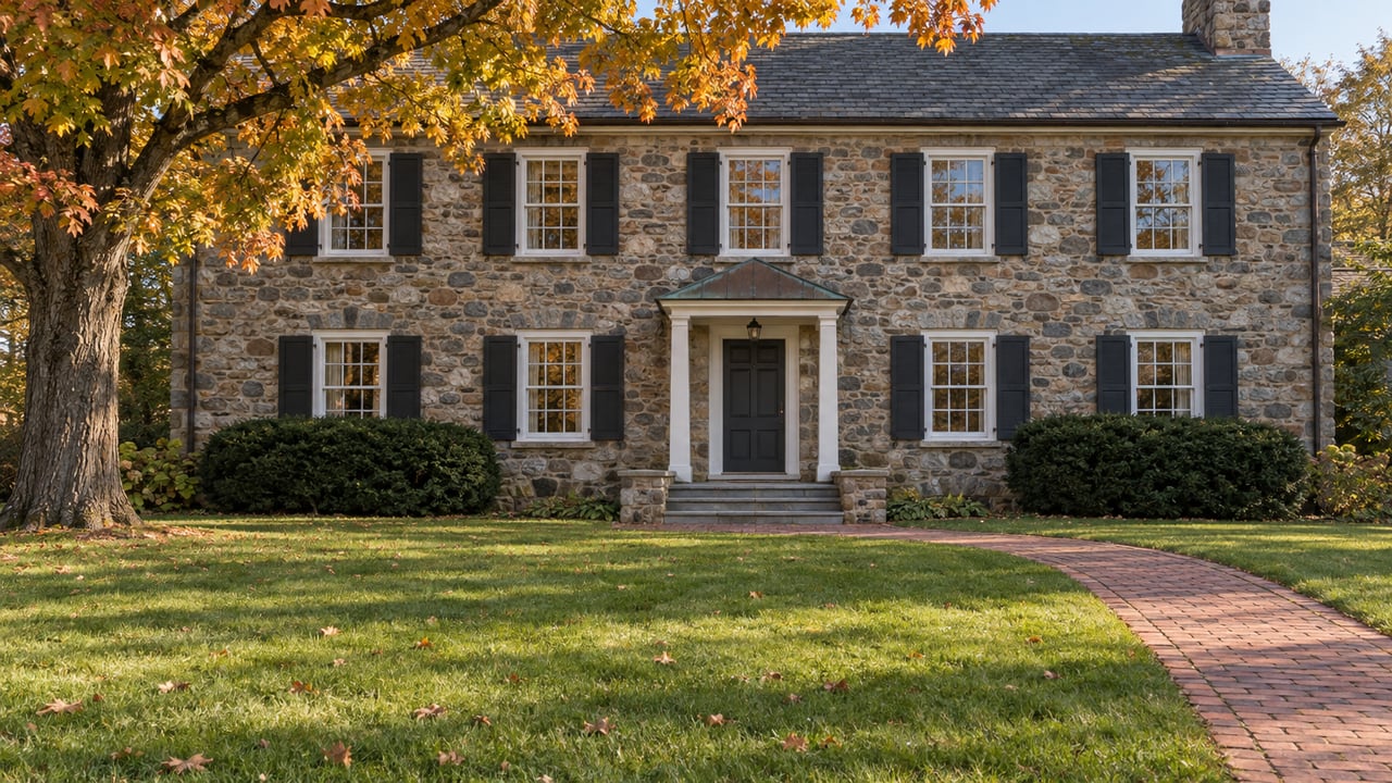Autumn sunlight on a symmetrical stone house with white multipane windows, a brick approach and a broad front lawn beneath a mature maple.