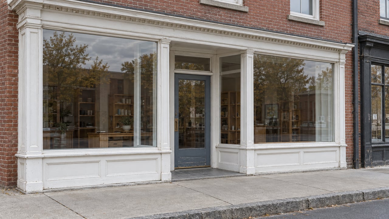Red-brick village storefront with slate-blue door, glass display windows, and adjoining older brick facade.