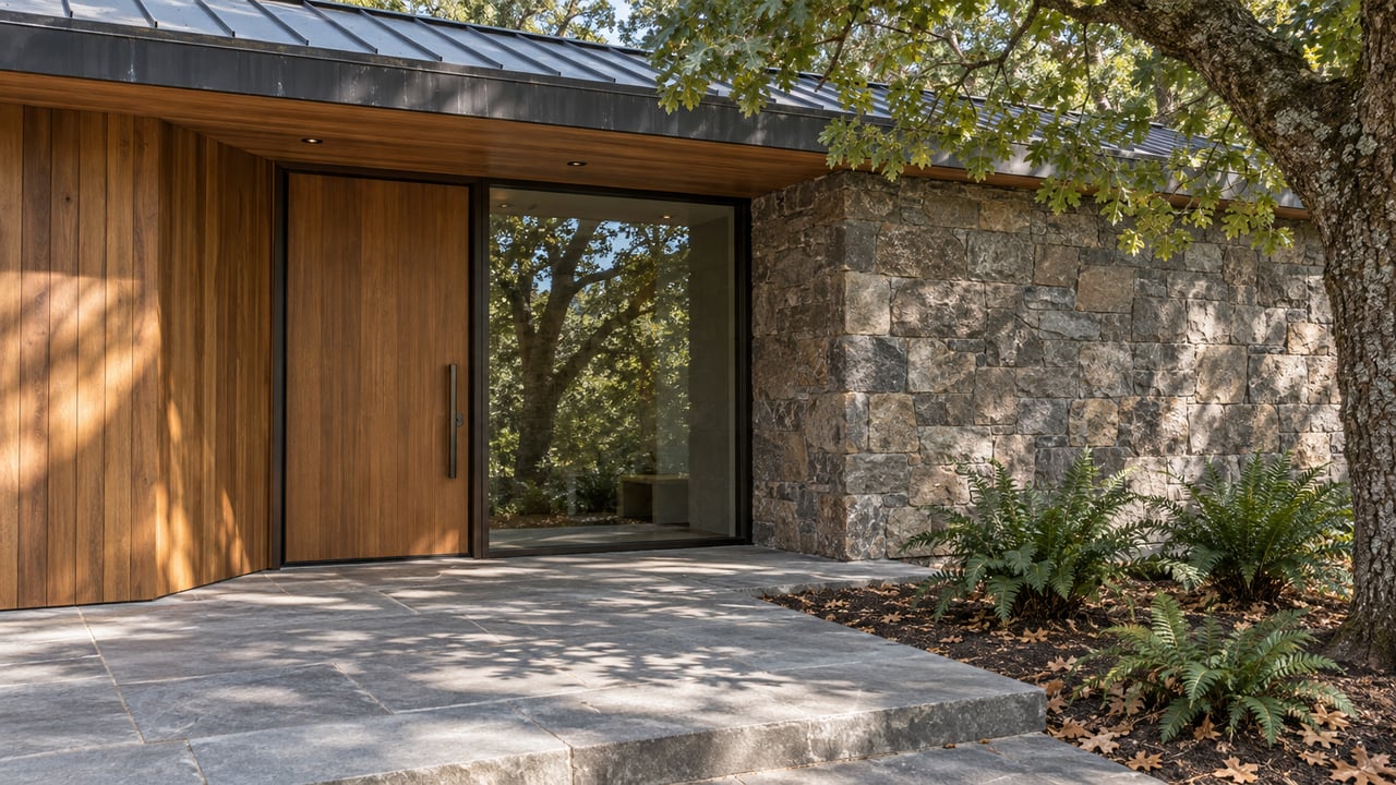 A contemporary home's cedar and stone entrance beside a mature oak, with a broad stone landing and three ferns.