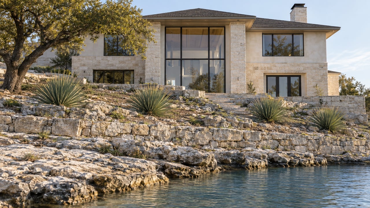Two-story plaster waterfront house above terraced limestone slope, with an oak tree and a sliver of blue water.